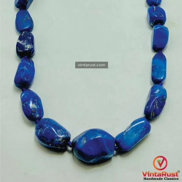 Handmade Lapis Lazuli Gemstone Necklace, Vintage Beaded Stone Necklace, - Picture 5 of 10